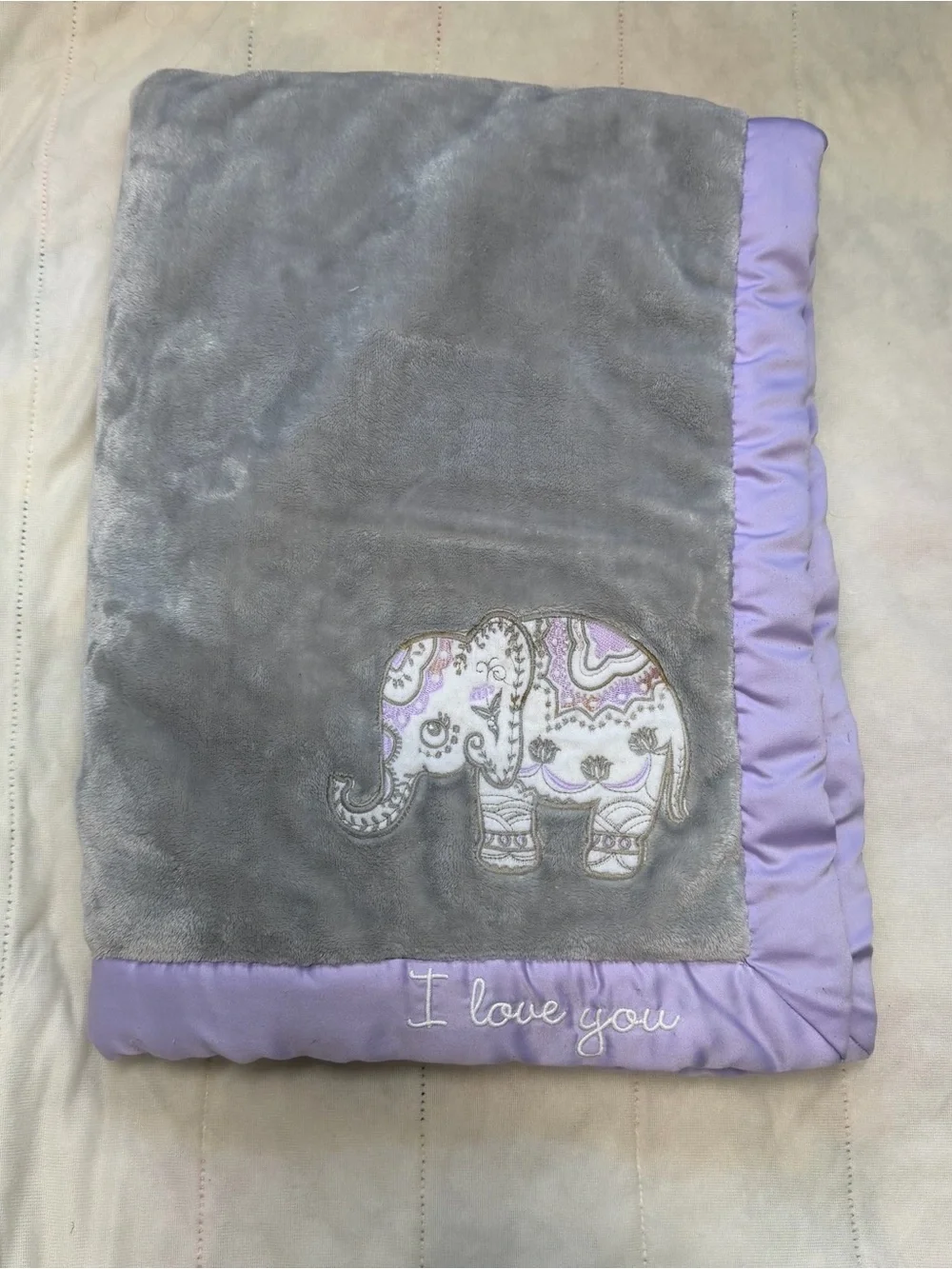 Wendy Bellissimo Gray Plush Baby Blanket with Lavender Satin Edge